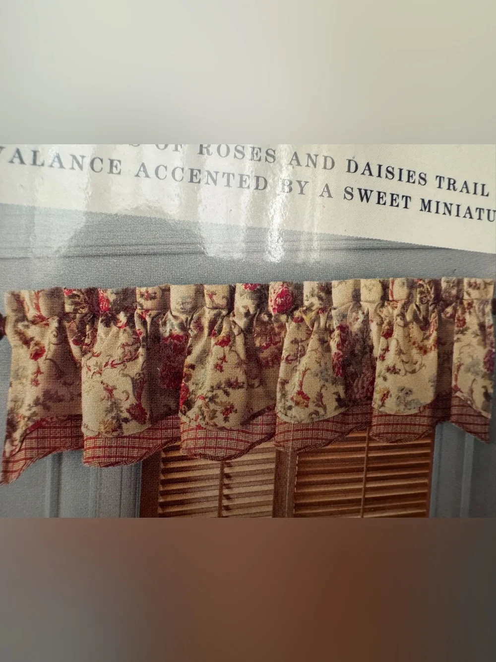 American Living Cream and Red Floral Window Valance with Plaid Trim